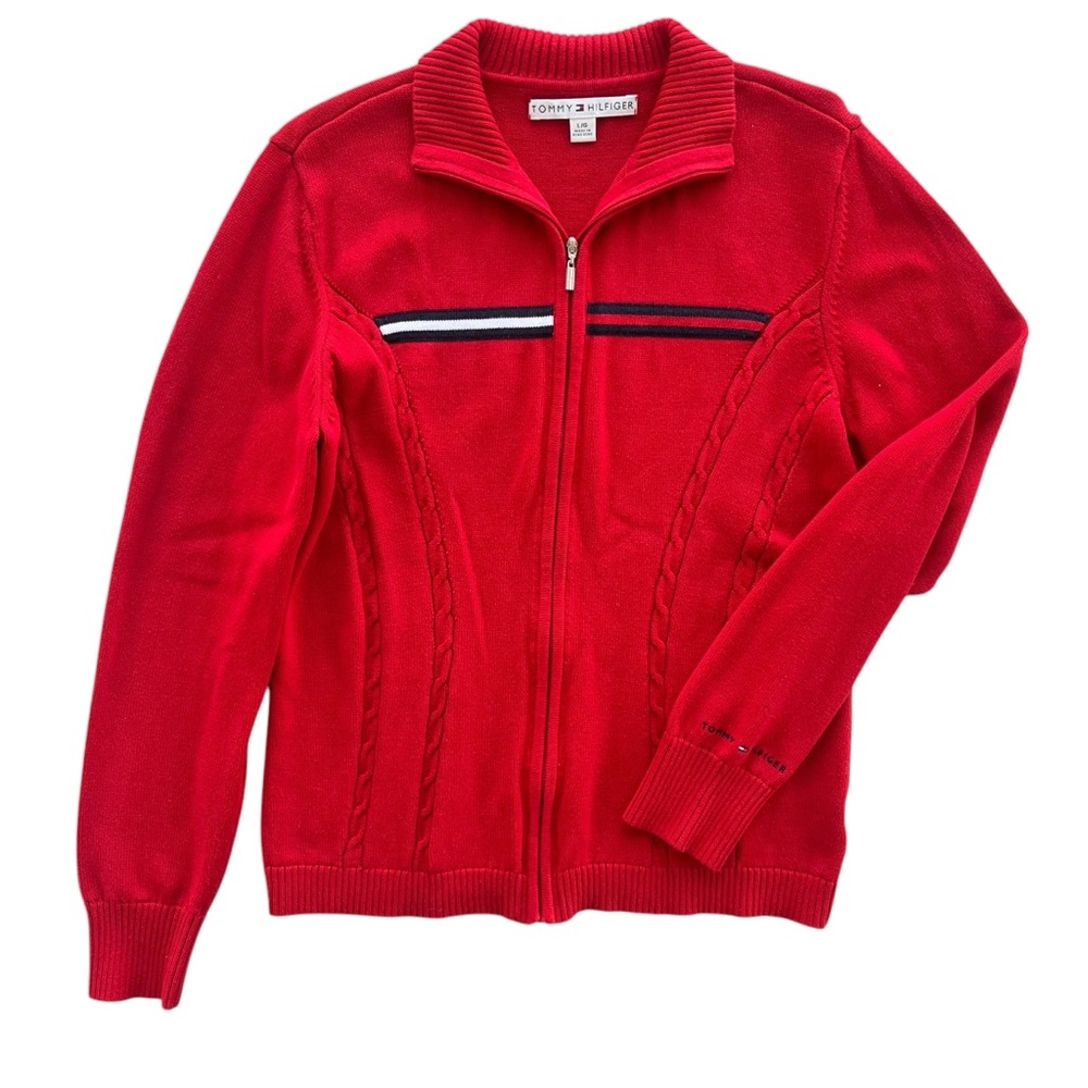 Tommy Hilfiger Women L Red Logo Cable Knit 100% Cotton Full Zip Sweater Cardigan